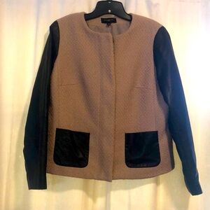 Talbots Tan Tweed Jacket with faux leather sleeves and pockets, size 12P